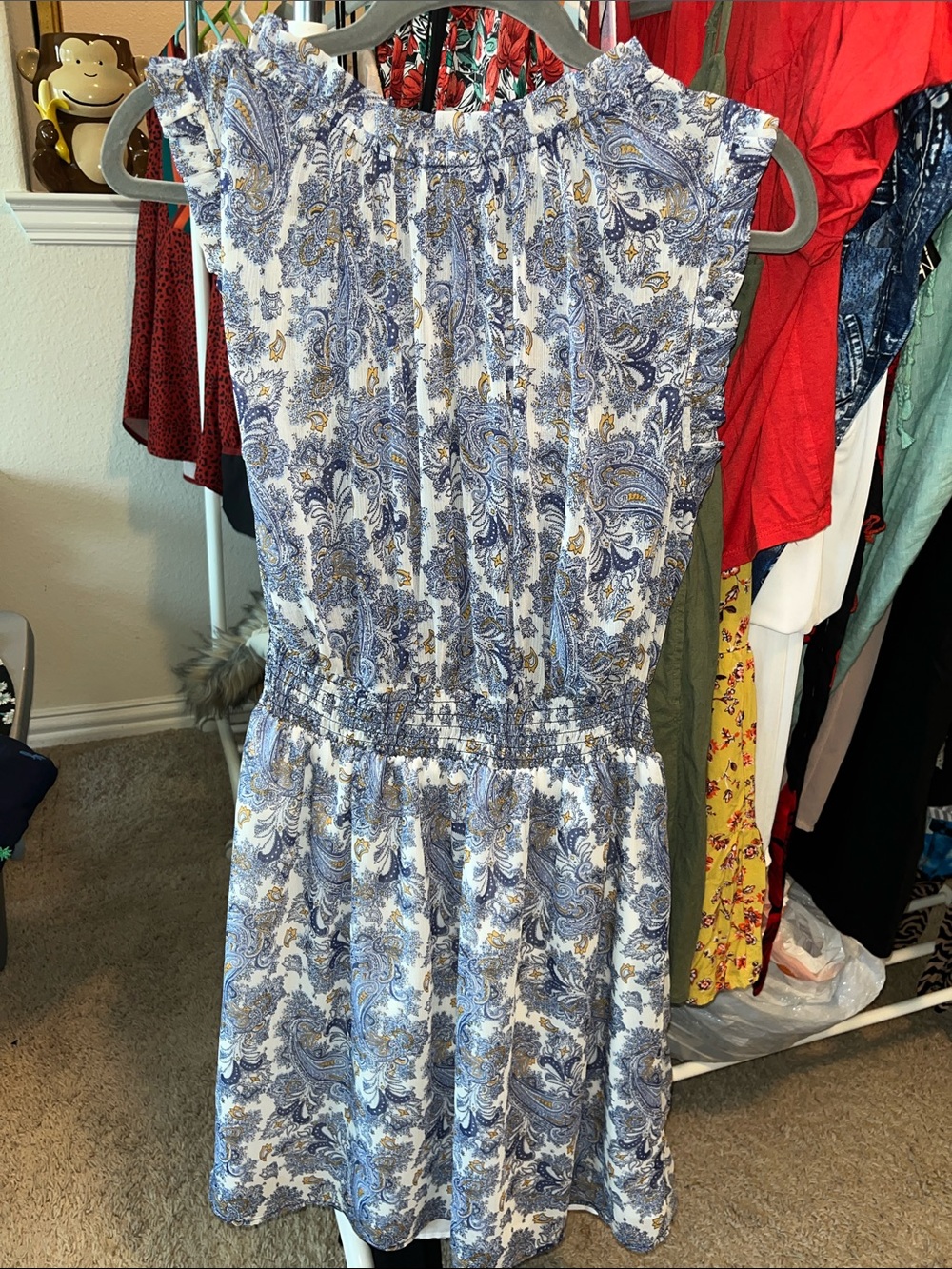 Blue Paisley Smocked-Waist Mini Dress